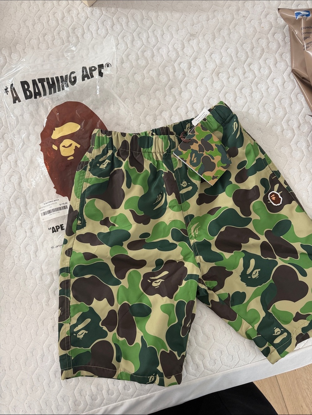 Bape Kids Green Camo Elastic-Waist Shorts
